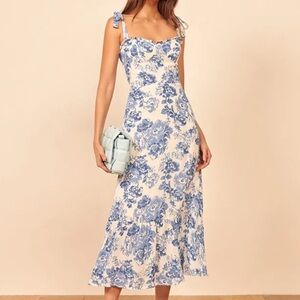 Peiran Blue White Floral Tie Strap Maxi Dress Zip Back Size Large